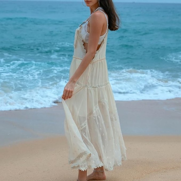 Women’s SeaSong Lace Skirtall Maxi Dress in Apricot sz small - Picture 2 of 6